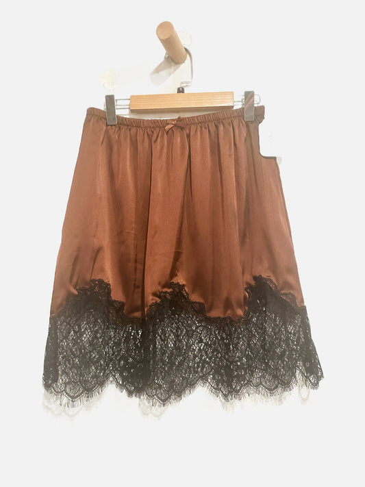 Brown w/Black Lace Trim Mini Skirt - Small