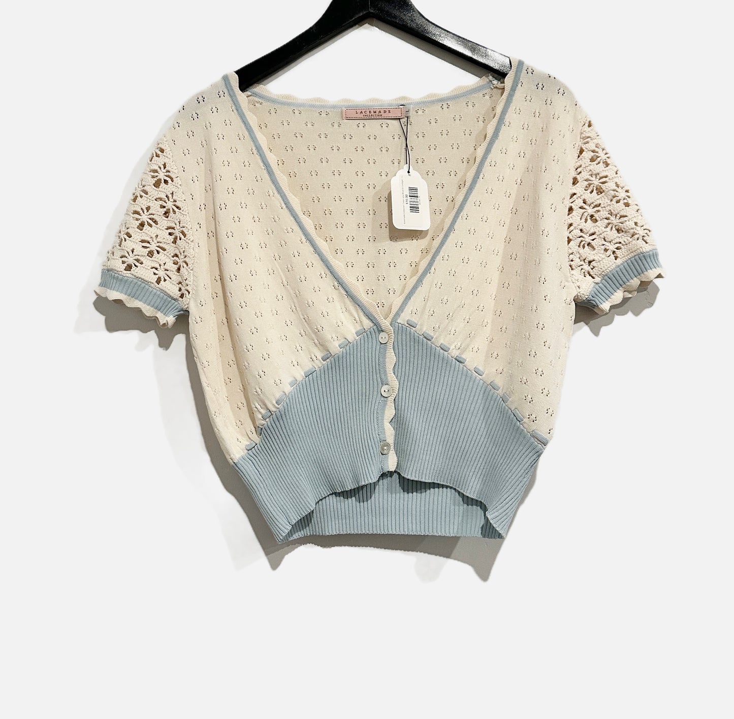 Lacemade Collection Cream and Blue SS Cardigan - Larqe