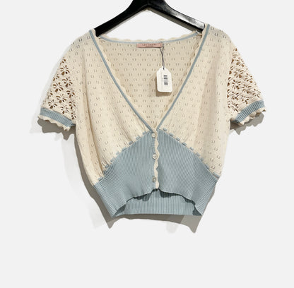 Lacemade Collection Cream and Blue SS Cardigan - Larqe
