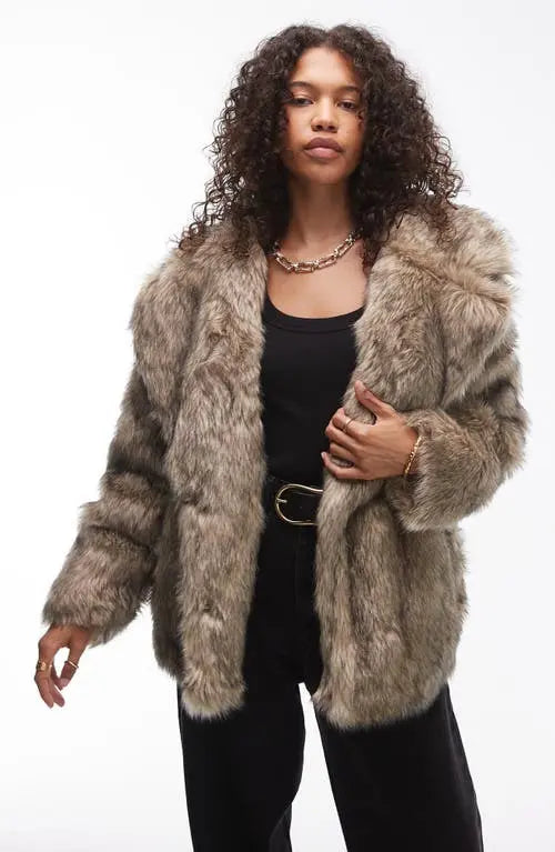 Topshop Brown Faux Fur Midi Coat - XS
