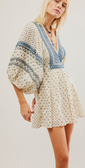 Free People Blue Embroidered Mini Dress - Medium