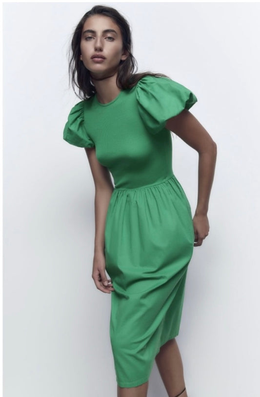 Zara Green Puff Sleeve Midi Dress - Large