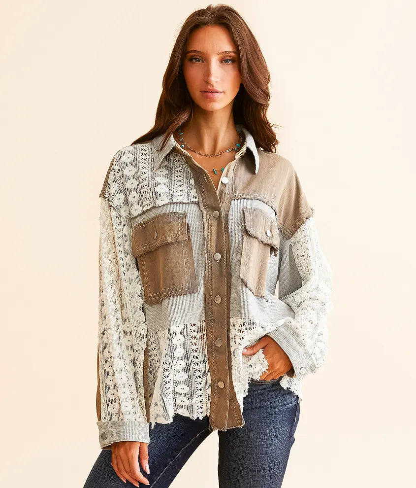 Pol Noah Pieced Crochet Shirt in Dusty Grey - Large