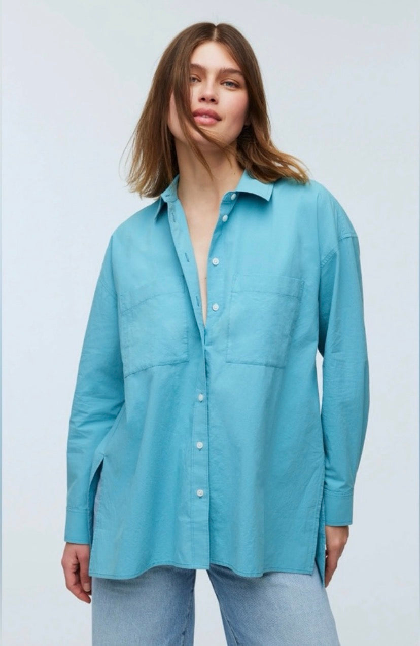 Madewell The Oversized Straight Hem Signature Poplin Shirt in Shaded Aqua - XXS