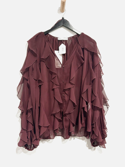 Zara NWT Burgundy All Over Ruffle Blouse - Large
