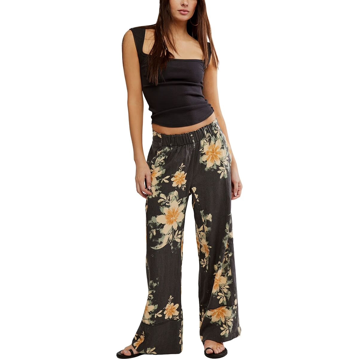 Free People Days End Printed Linen Blend Pant in Washed Black Combo - Small