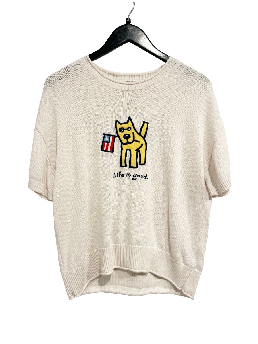 Life Is Good Flag Dog Short Sleeve Sweater - Large