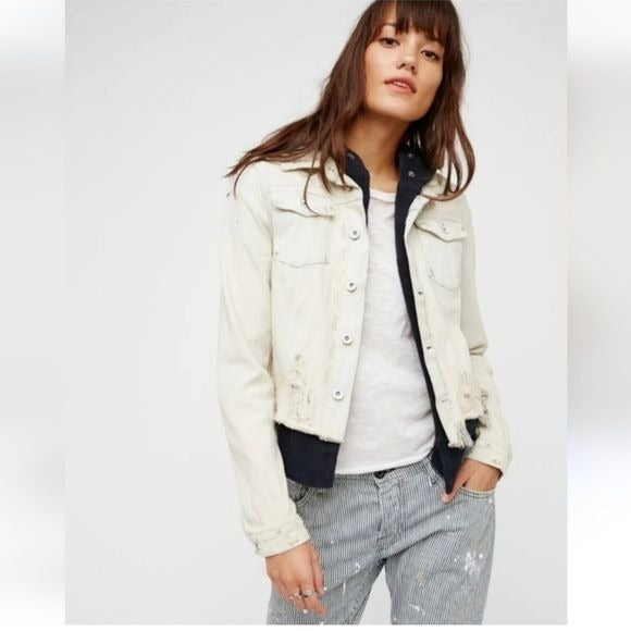 Free People Bleached Distressed Denim Jacket Size Medium