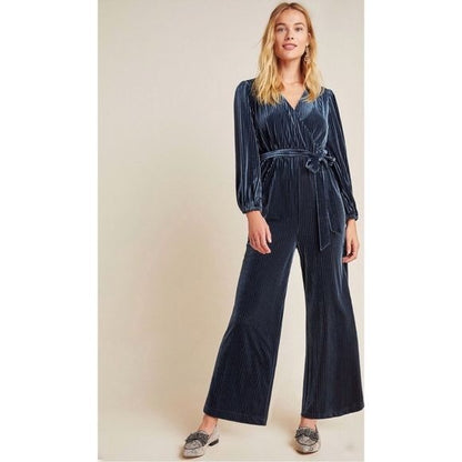 Anthropologie NWT Ali & Jay Samantha Navy Striped Velvet Jumpsuit Size Large