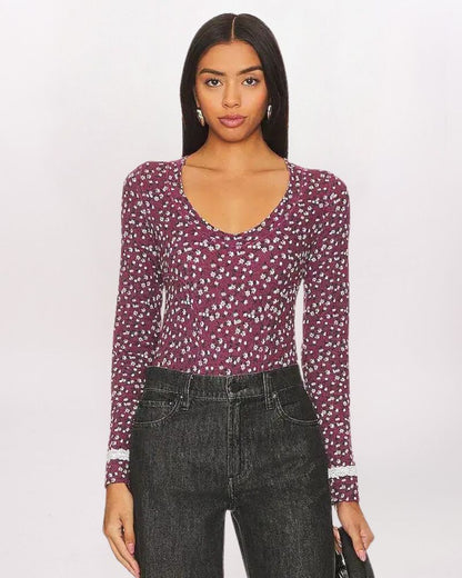 Free People Sugar Dreams Bodysuit in Wine Combo - Medium