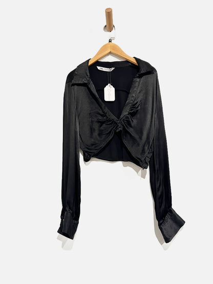 Zara Black Satin Twist Front Crop Blouse - Medium