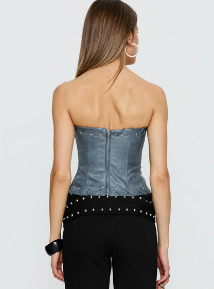 NWT Princess Polly Pammie Faux Leather Strapless Top in Blue - 2