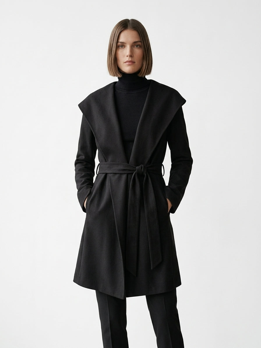 Zara Hooded Black Cardigan Coat - Large
