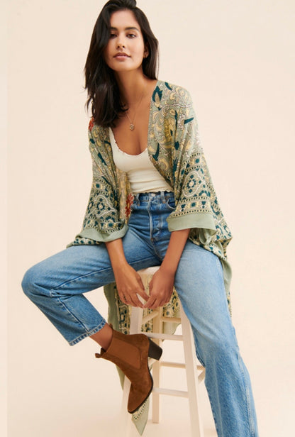 Free People Magic Dance Blue Patterned Kimono - 0S