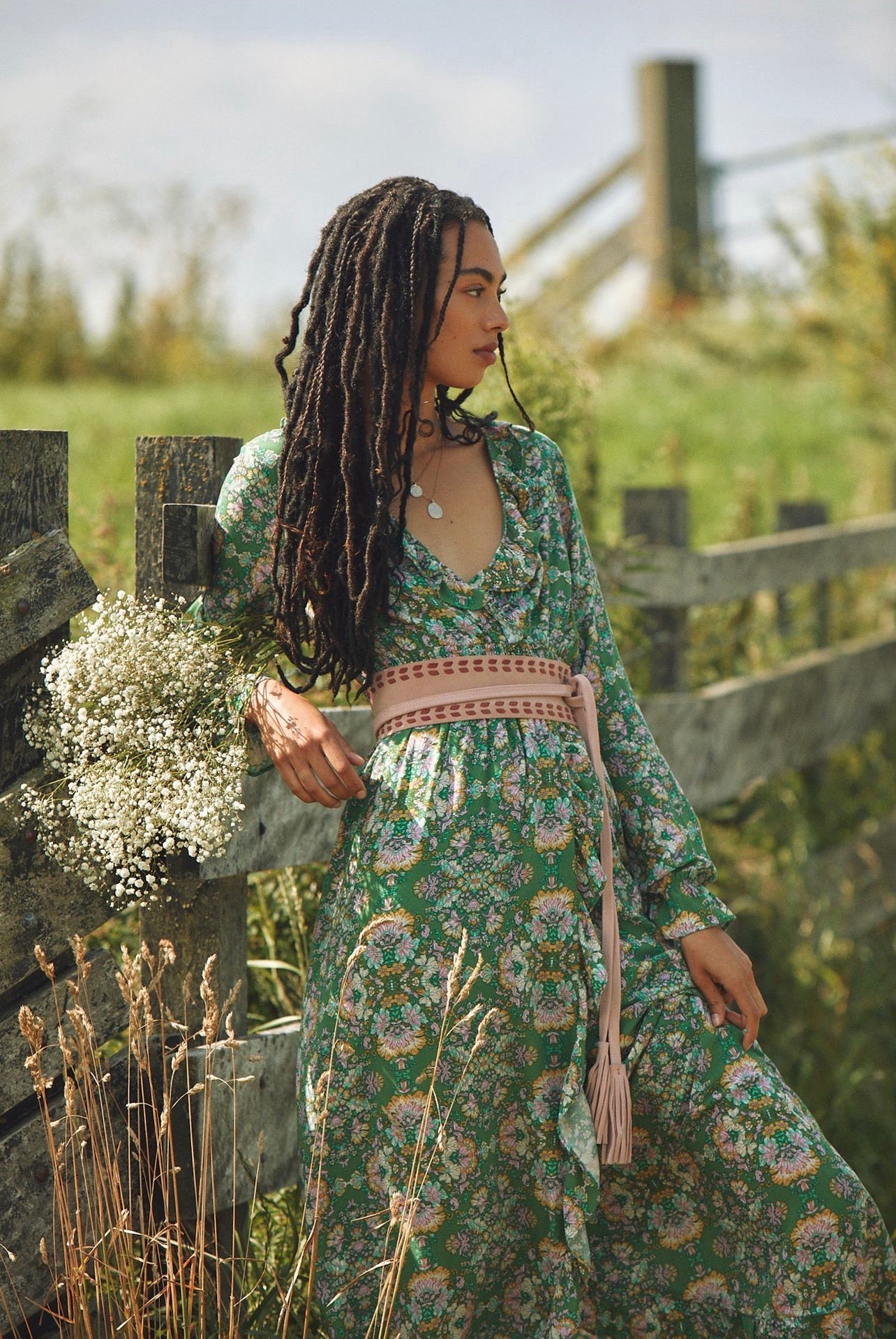 Anthropologie Green Floral Ruffle Maxi Dress - Small