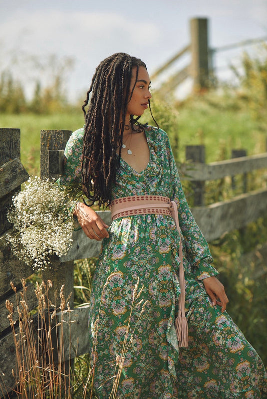 Anthropologie Green Floral Ruffle Maxi Dress - Small