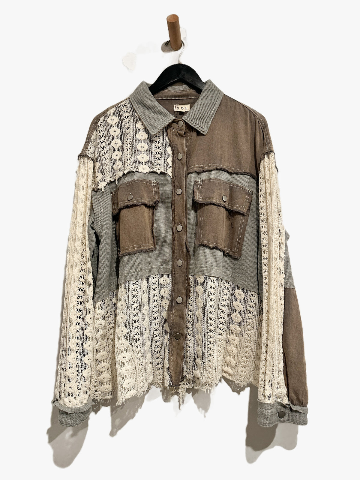 Pol Noah Pieced Crochet Shirt in Dusty Grey - Large