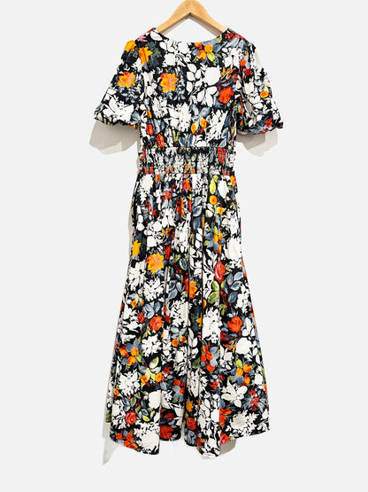 Anthropologie Black Floral Puff Sleeve Midi Dress - Small