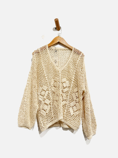 Vintage Cream Crochet Floral V-Neck Pullover - Small
