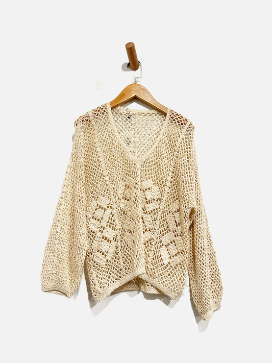 Vintage Cream Crochet Floral V-Neck Pullover - Small