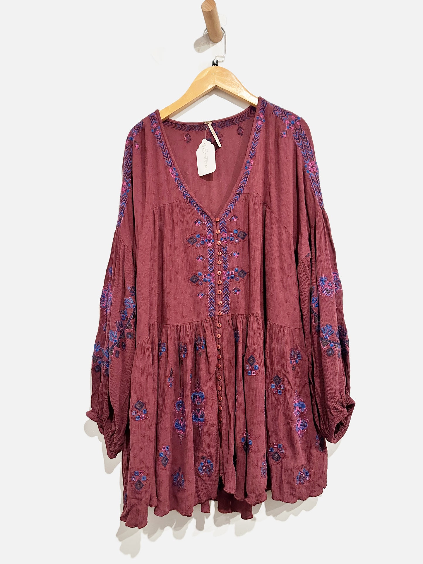 Free People Ariana Burgundy Embroidered Dress - Medium