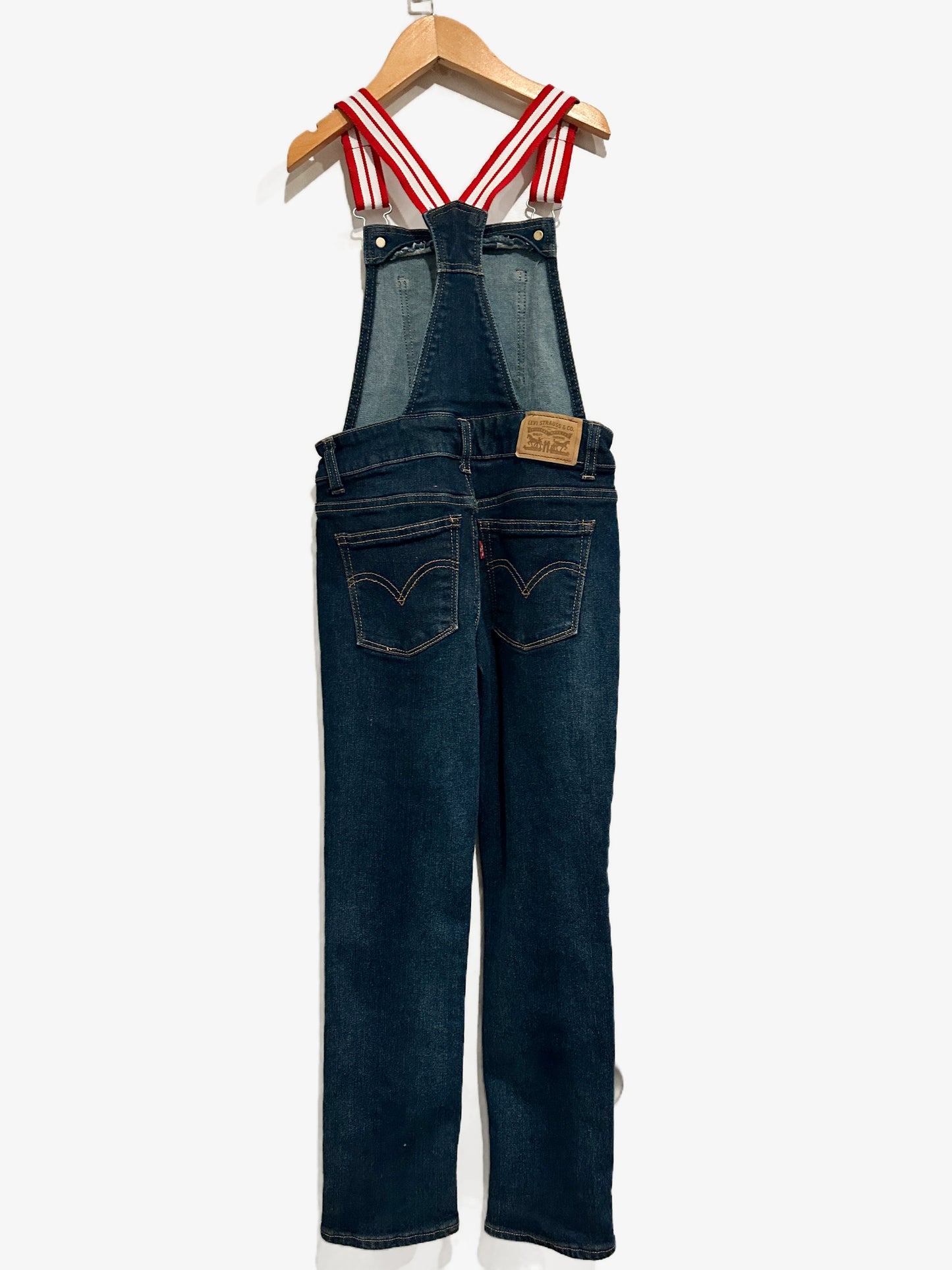 Levi's Kids Dark Wash Denim Overalls with Red & White Straps - 8 Reg