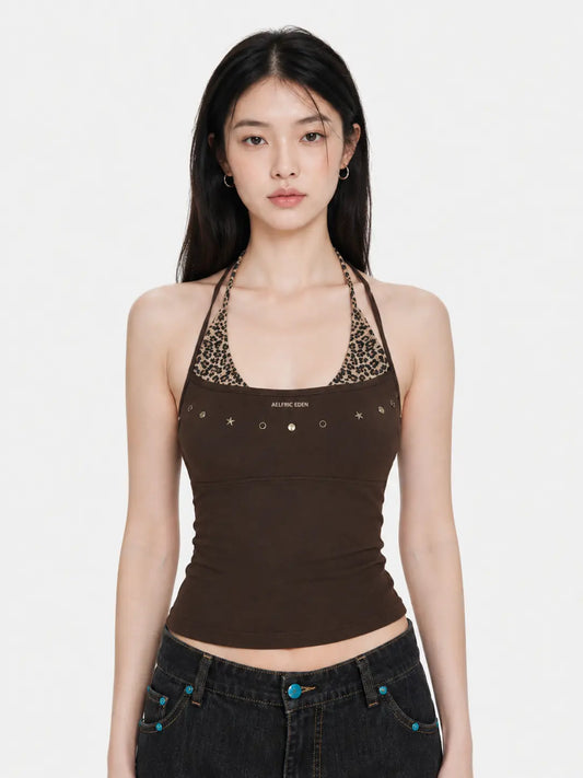 Aelfric Eden Brown Leopard Halter Studded Cami Top - Small