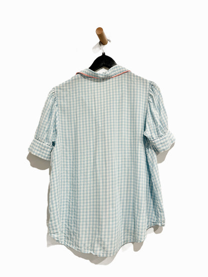 Anthropologie Blue and White Gingham Embroidered Teapot SS Button Down - Small
