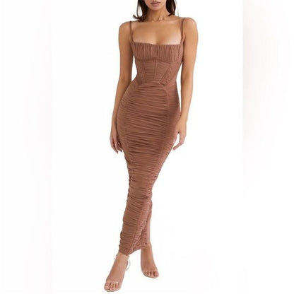 House of CB Lillian Corset Ruched Maxi Dress Mocha Size XS