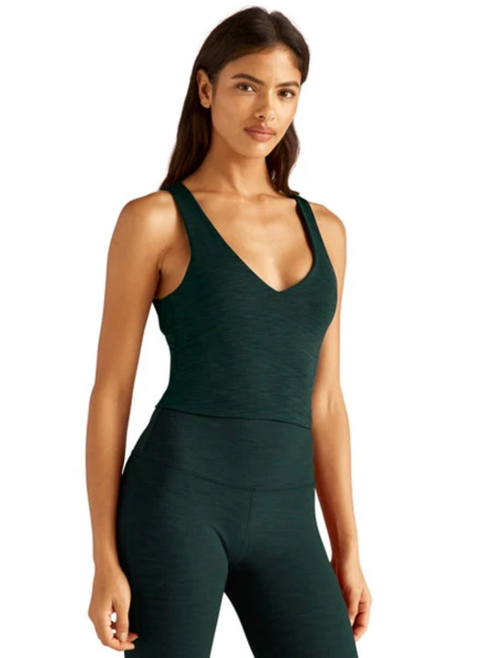 Beyond Yoga Heather Rib Fresh Cut Cropped Tank in Midnight Green