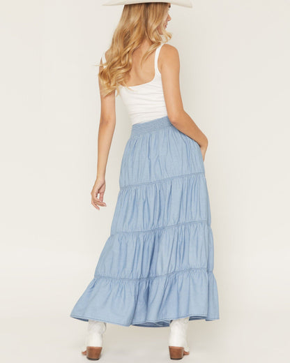 Ashley Chambray Tiered Maxi Skirt - Medium