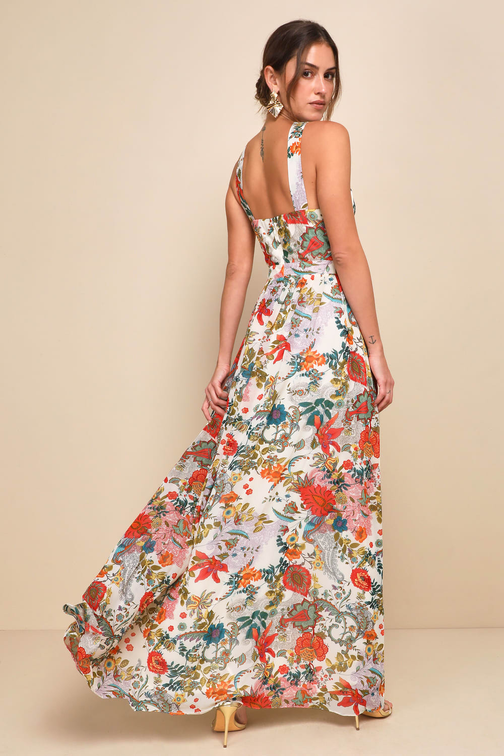 Lulus Lilja Cream Floral Print Maxi Dress - XL