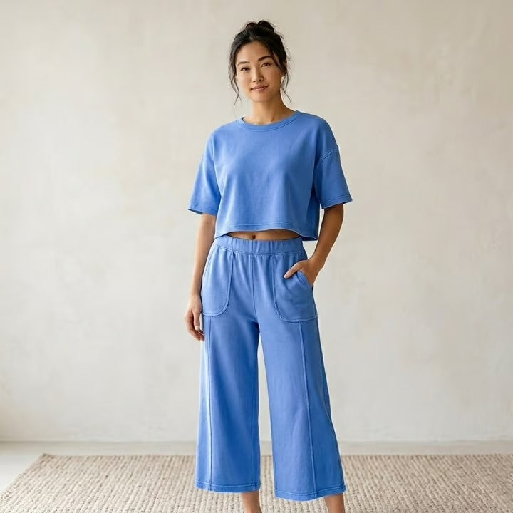 Sundry Cropped Pullover and Pants Set in Lagoon Blue - Medium