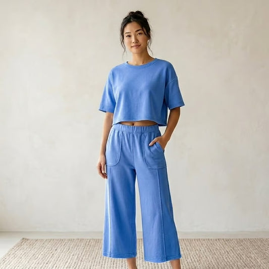 Sundry Cropped Pullover and Pants Set in Lagoon Blue - Medium