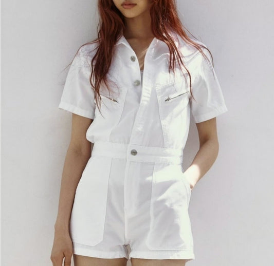 Zara White Short Sleeve Romper - XS