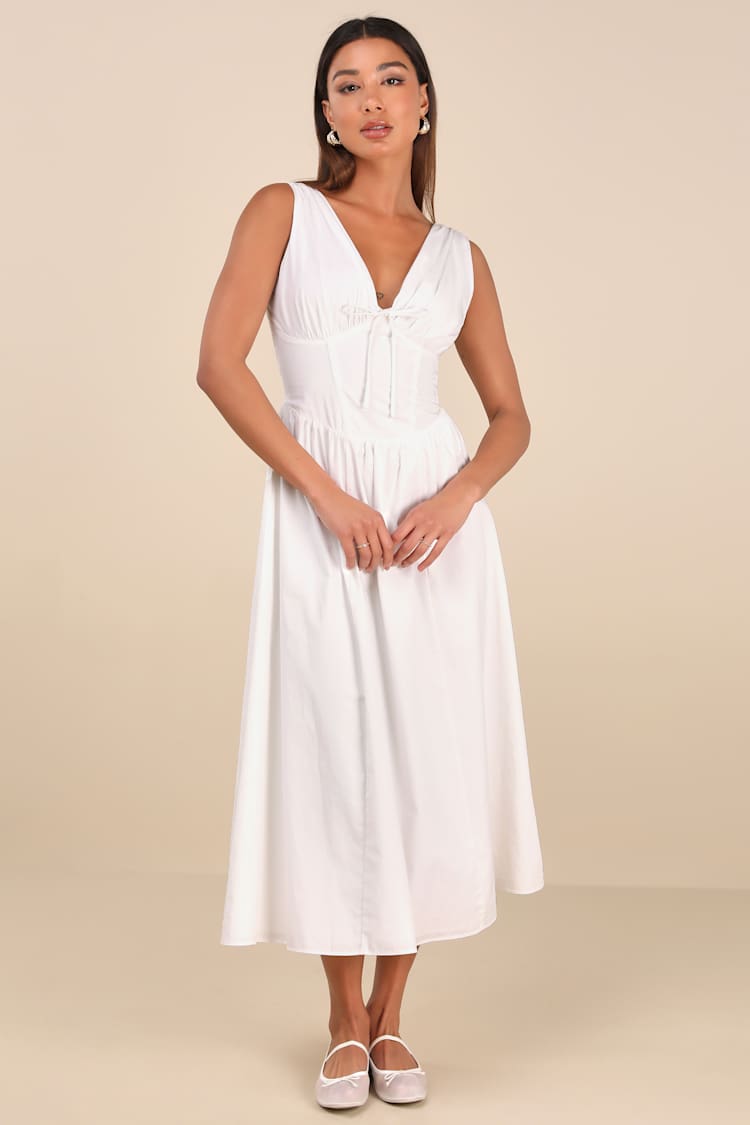 Lulus Lettie White Poplin Plunge Neck Midi Dress - Medium