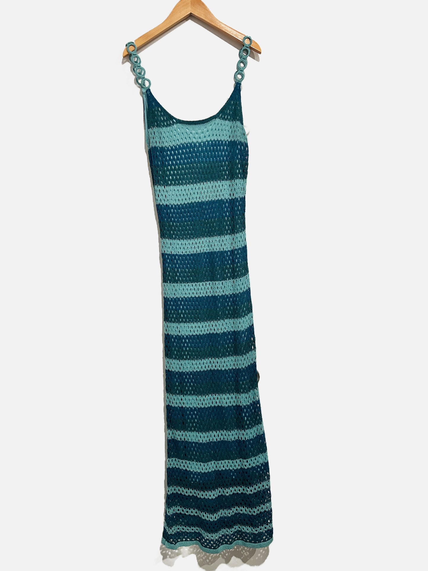 Lulus Picturesque Summer Teal Blue Striped Crochet Midi Dress - Medium