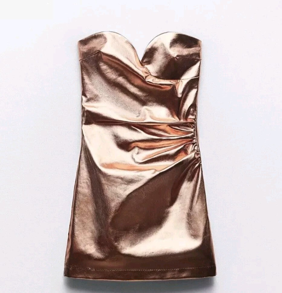 Zara Strapless Metallic Mini Dress with Built In Shorts - Medium