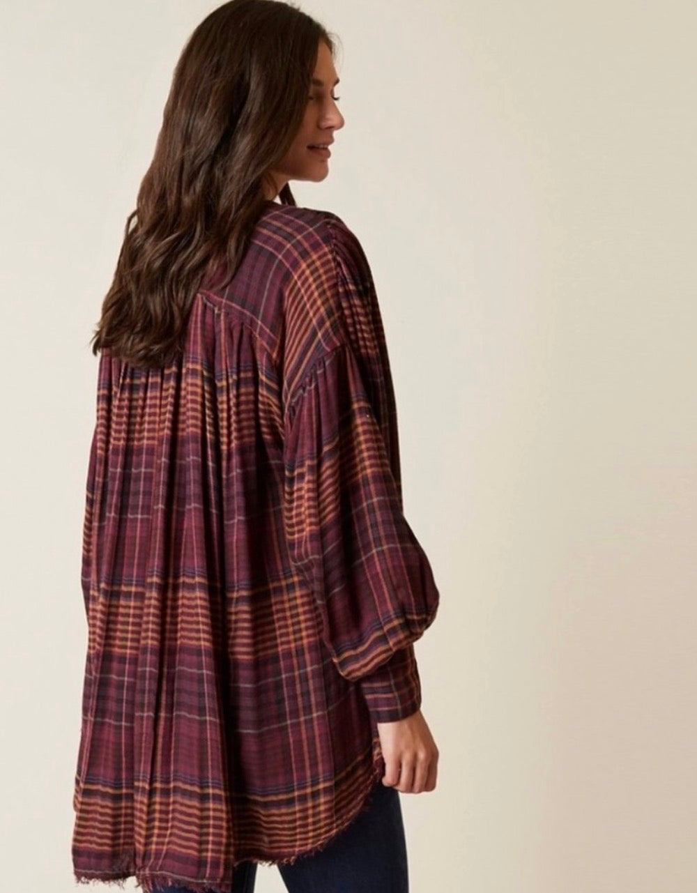 Free People Come On Over Oversized Plaid Shirt in Wine - XS