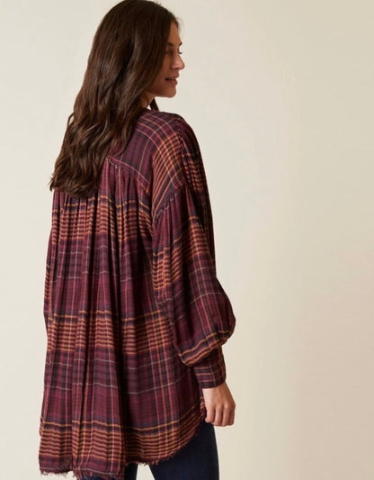 Free People Come On Over Oversized Plaid Shirt in Wine - XS