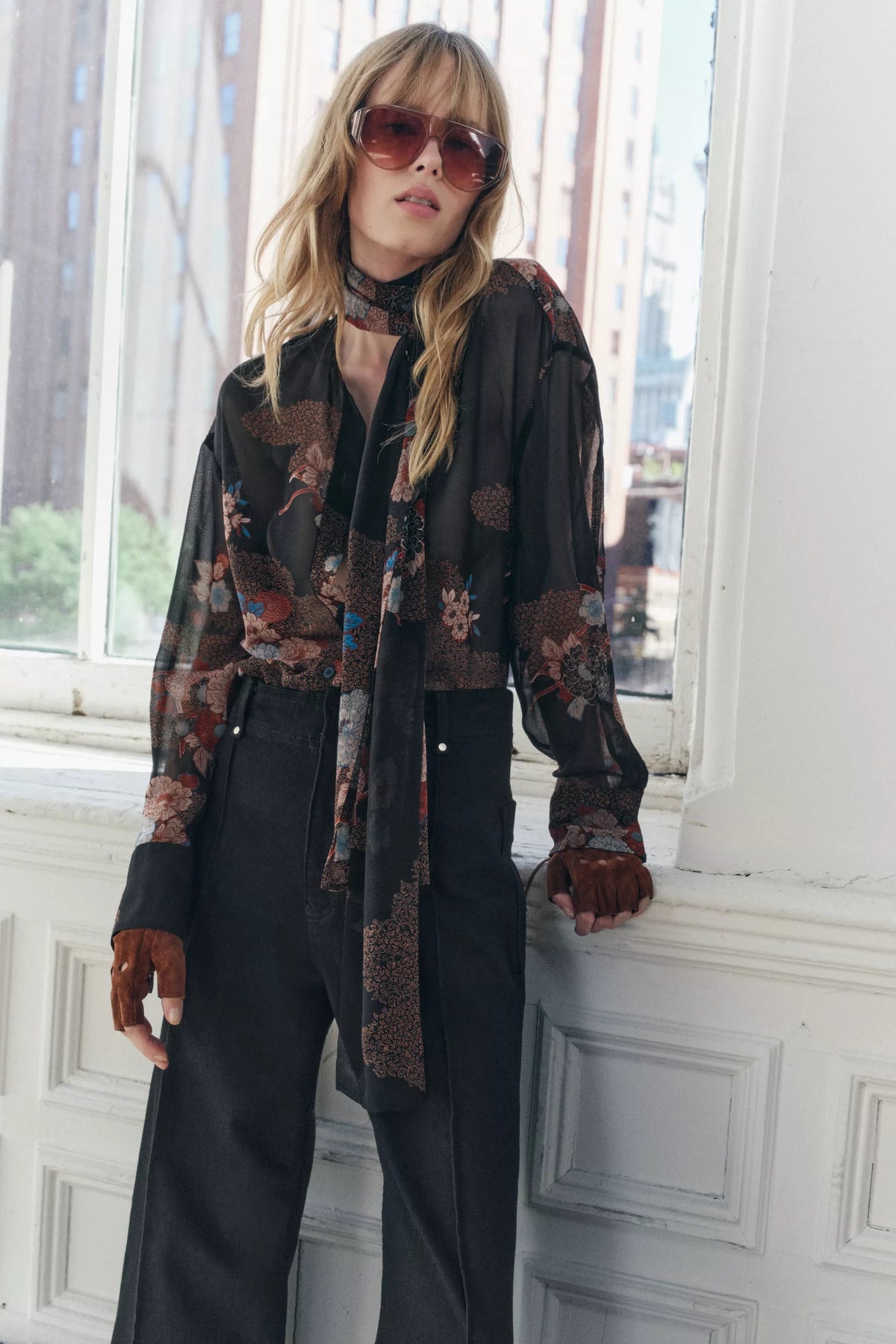 Zara NWT Black Floral Sheer Long Sleeve Blouse - XS