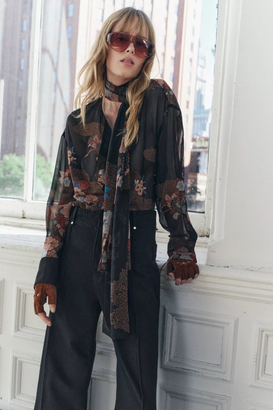 Zara NWT Black Floral Sheer Long Sleeve Blouse - XS