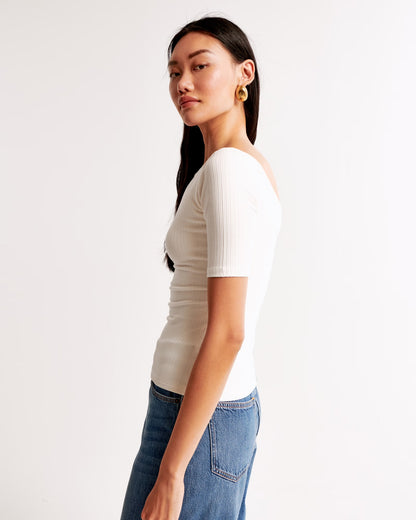Abercrombie & Fitch Short Sleeve Rib Boatneck Top in Cream - Medium
