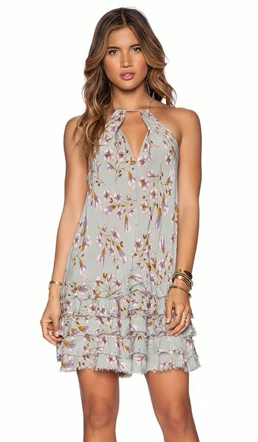 Free People Raw Ruffle Floral Tunic Dress in Seafoam- Small