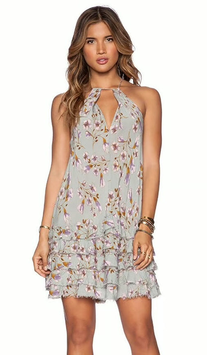 Free People Raw Ruffle Floral Tunic Dress in Seafoam- Small