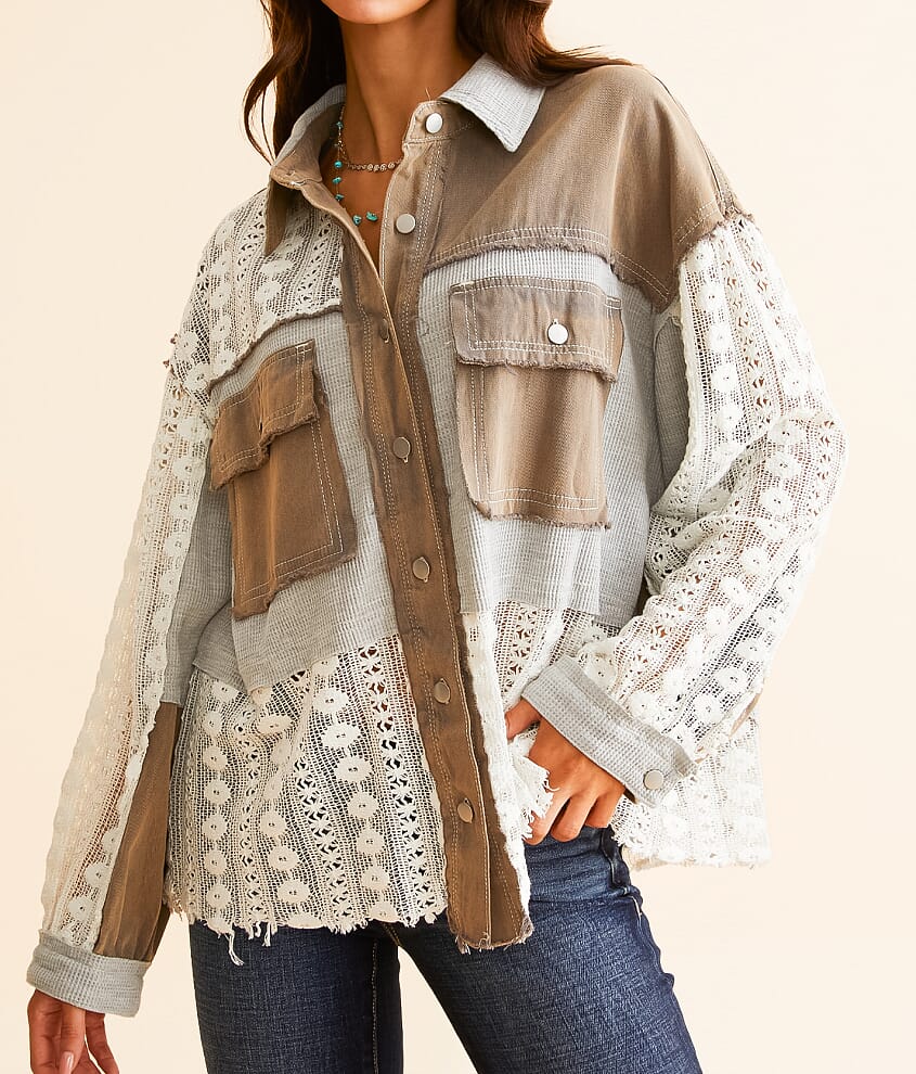 Pol Noah Pieced Crochet Shirt in Dusty Grey - Large