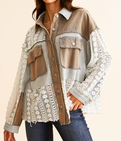 Pol Noah Pieced Crochet Shirt in Dusty Grey - Large