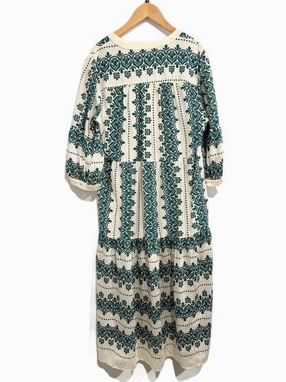 Figueroa + Flower Cream and Green Floral Midi Dress - Medium