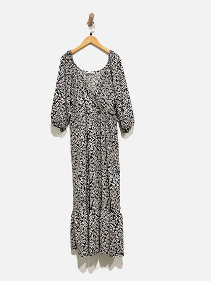 MNG Black Floral Faux Wrap Midi Dress - 8