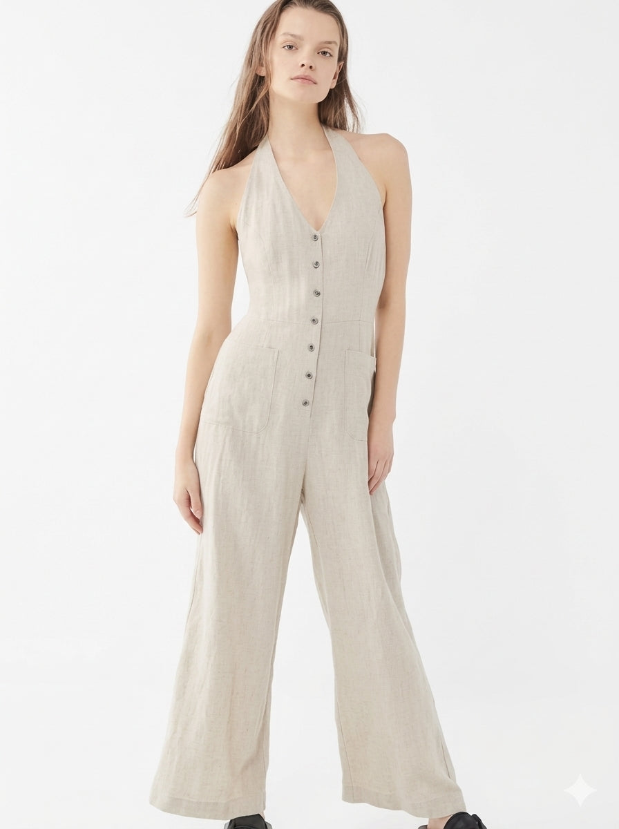 NWT Urban Outfitters Arlo Linen Button-Front Halter Jumpsuit - Small